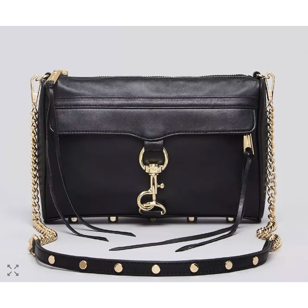 Rebecca Minkoff Mini MAC Crossbody Bag Black Leather Gold Chain Studded Hardware